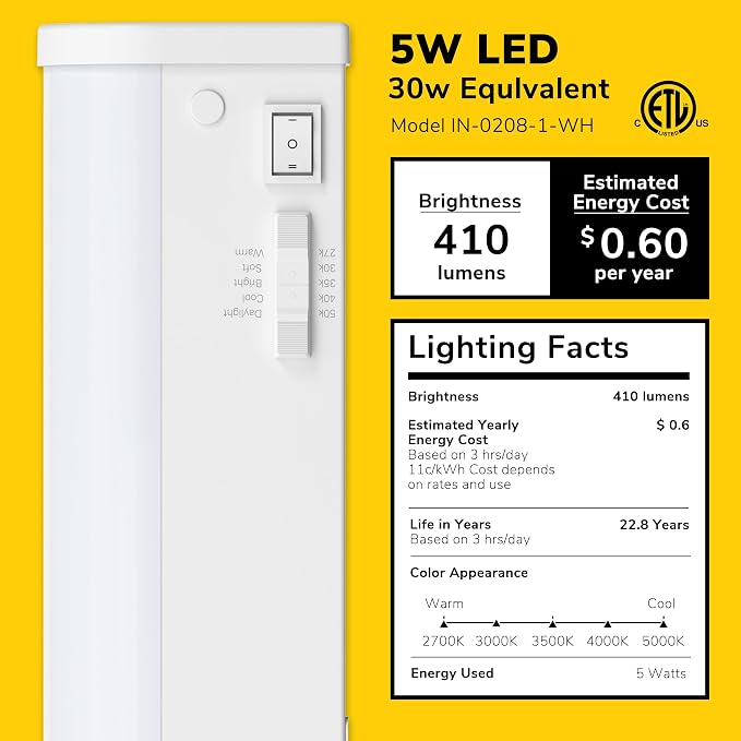 Inlight 12" LED Under Cabinet Lighting, 5 CCT Selectable 2700-5000 K, Dimmable, ETL-Listed, White Finished, IN-0208-1-WH