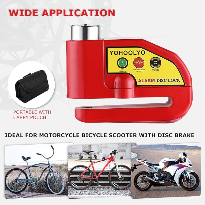 YOHOOLYO Alarm Disc Lock Motorcycle Disc Brake Lock Anti-Theft Waterproof 110 dB 7mm Pin 5ft Reminder Cable for Motorcycles Bike Scooter Carry Pouch (Red)