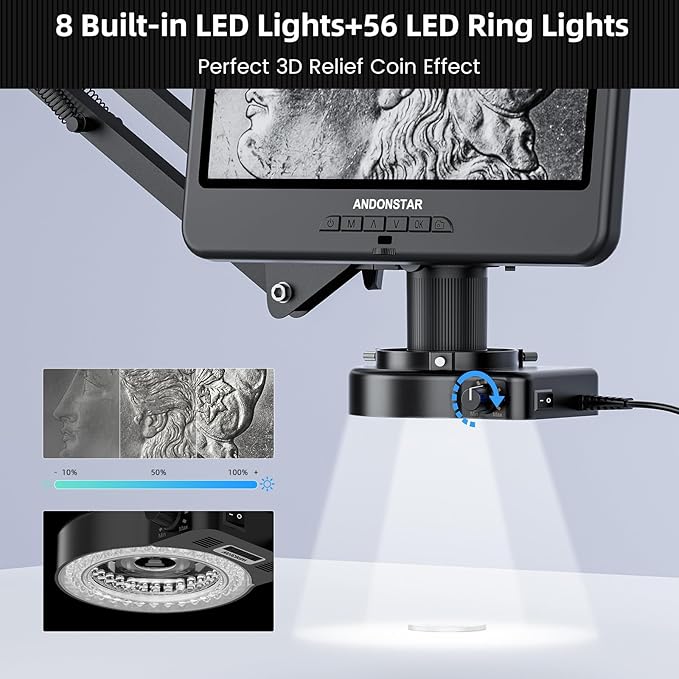 Andonstar AD109 Digital Microscope with 10.1" Screen for Adults, Flexible Boom Arm Stand Soldering Microscope, Coin Microscope Full View for Error Coins with 56 LED Ring Light, 32GB Card