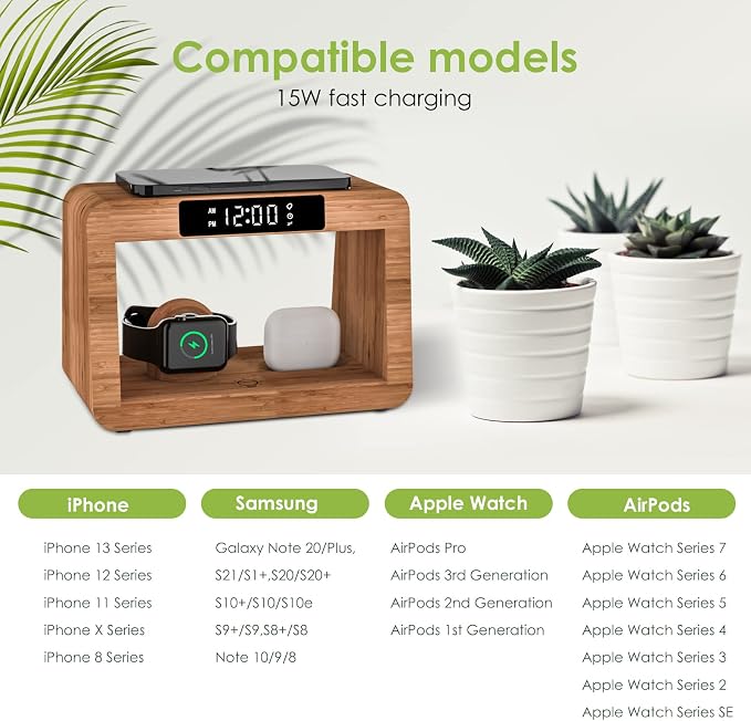 Bamboo Wireless Charging Station, Night Light with Digital Alarm Clock, Nightstand Charging Station for Apple Devices, Fast Wireless Charger for iPhone/Apple Watch/AirPods Pro