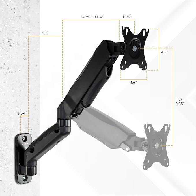 Mount-It! Monitor Wall Mount Arm, Full-Motion Gas Spring, Fits 13–32″ Screens up to 14.3 lbs, VESA 75x75 & 100x100, Tilt Swivel Rotate, Single-Stud Wall Mounted Computer Monitor Arm, RV Compatible