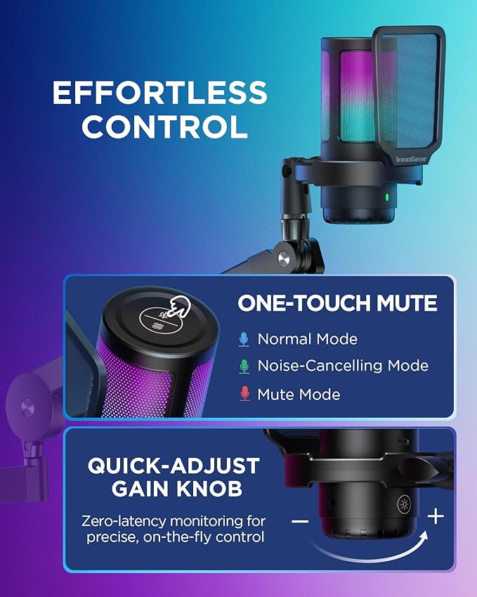 InnoGear USB Gaming Microphone Set, Noise Cancellation Condenser Mic with Boom Arm RGB Mute Headphones Jack for Streaming Podcasting Recording Vocal PC Computer YouTube Discord PS4 PS5, Black