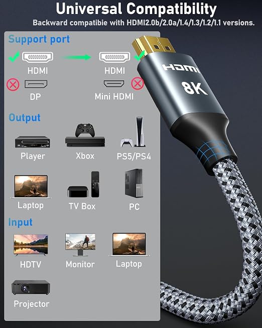 ARISKEEN 8K HDMI Cable 60FT, 48Gbps High Speed Fiber Optic HDMI 2.1 Cable, 8K 60Hz, 4K 120Hz Support for HDR 10, HDCP 2.2 2.3, Unidirectional Braided HDMI Cord Compatible with Laptop/HDTV - 60 Feet