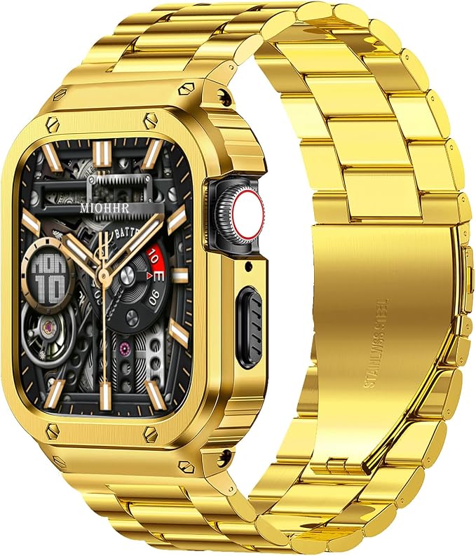 MioHHR Stainless Steel Band and Case Compatible with Apple Watch Band 44mm 42mm (Series 3/2/1), Men Metal Protective Bumper Cover for iWatch Series 6/5/4/3/2/1/SE/SE2/SE3, Gold
