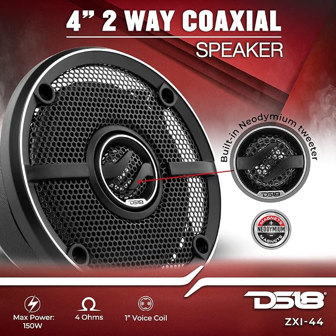 DS18 ZXI-44 4" Car Audio Coaxial Speaker with Built in Neodymium Tweeter and Kevlar Cone – 2 Way 150 Watts Max 4 Ohm (2 Speakers),Black