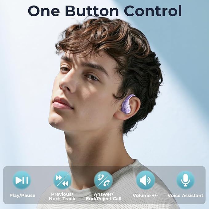 occiam Active Noise Cancelling Earbuds Wireless Bluetooth Headphones Ear Buds 90Hrs Playback Stereo Bass Earphones with Mic Over-Ear Hooks IPX7 Waterproof Headset for Work Sports (Purple)