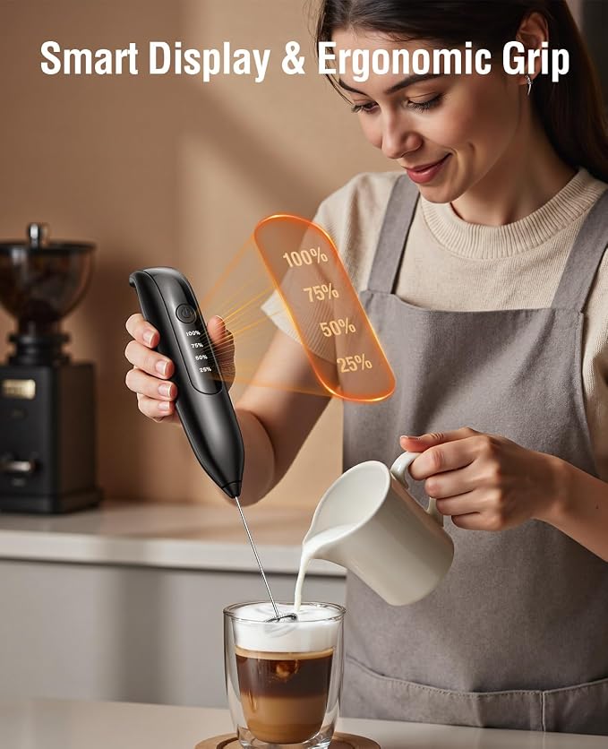 Electric Milk Frother Handheld, coffee frother rechargeable 3 in 1 - LED Display for Latte, Cappuccino - Charcoal Black