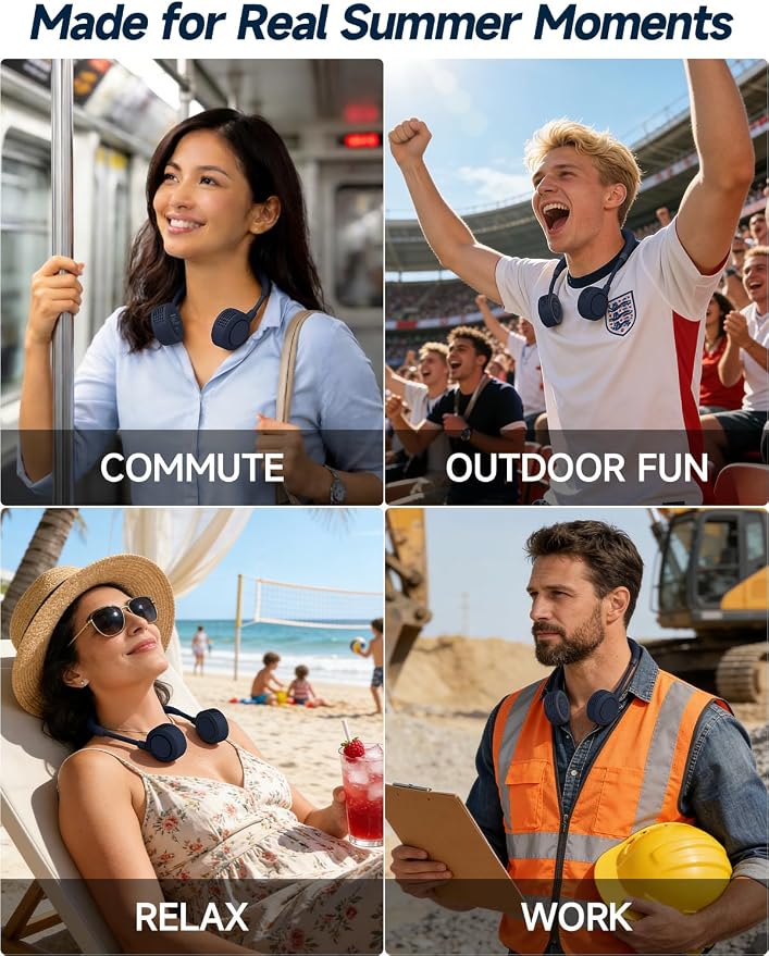 Portable Neck Fan - Hands Free Personal Face Fan, 5 Speeds Rechargeable Wearable Cooling Fan, Flexible Foldable Small Thin Quiet Neck Cooler for Travel, Work, Hot Flashes (Smoky Gray)