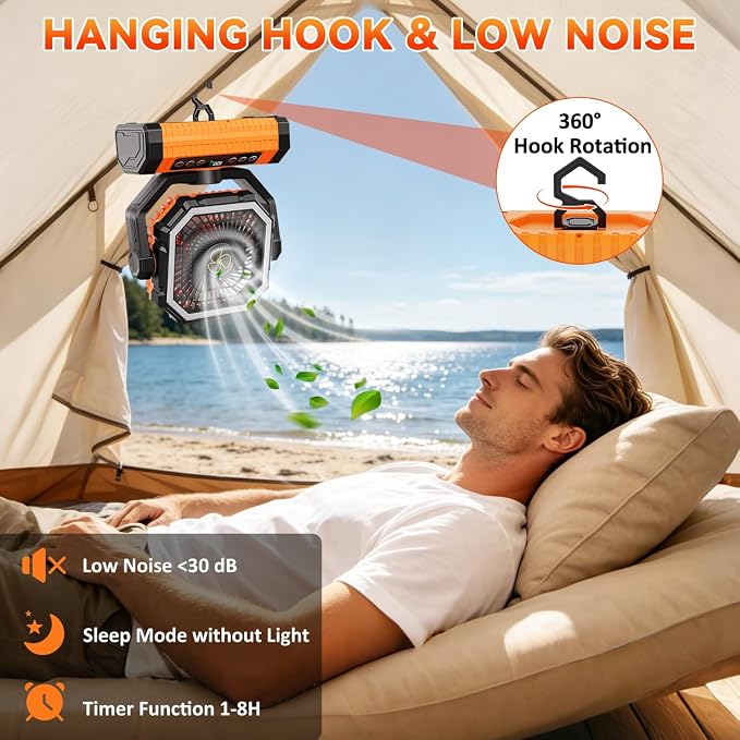 Camping Fan Rechargeable, 24000mAh Battery Powered Fan with Digital Display, 4 Speed Rechargeable Fans Portable with Remote, Cordless Battery Operated Fans with LED Light and Hanging Hook for Outdoor