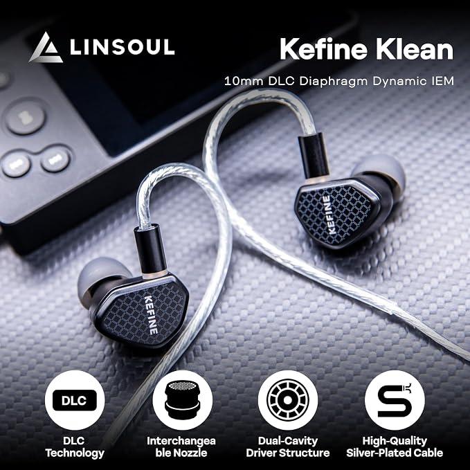 Linsoul Kefine Klean in Ear Monitor,10mm DLC Diaphragm Dynamic Driver HiFi Earphones,Wired Gaming Earbuds,Replaceable Nozzles,Detachable Silver-Plated Cable for Audiophile (No Mic 3.5mm, Black)
