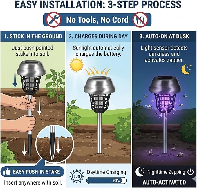 Solar Bug Zapper Outdoor Waterproof Solar Powered Mosquito Repellent Outdoor Patio,Cordless & Auto On/Off Trap Purple & White Light for Gnat Fly Insect Zapper for Garden Backyard for Outside,4 Pack