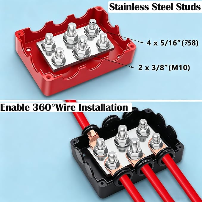500A Marine Bus Bar Heavy Duty Power Distribution Block, Battery Busbar, Waterproof Automotive Buss Bar with 4X 5/16" (M8) +2X 3/8" (M10) Studs for Car, Boat and Solar Wiring (Black+Red)