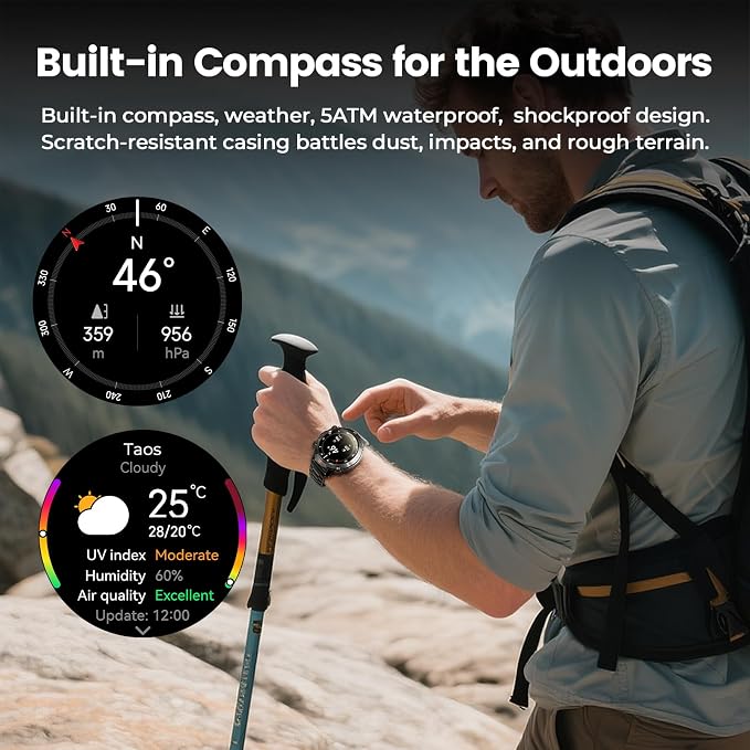 WalkerFit Smart Watch for Men, Rugged Tactical Fitness Tracker with 1.43" AMOLED Display, Bluetooth Calls, 5ATM Waterproof, 170+ Sports, SpO2/Heart Rate Monitor, 2 Bands, iPhone/Android Compatible