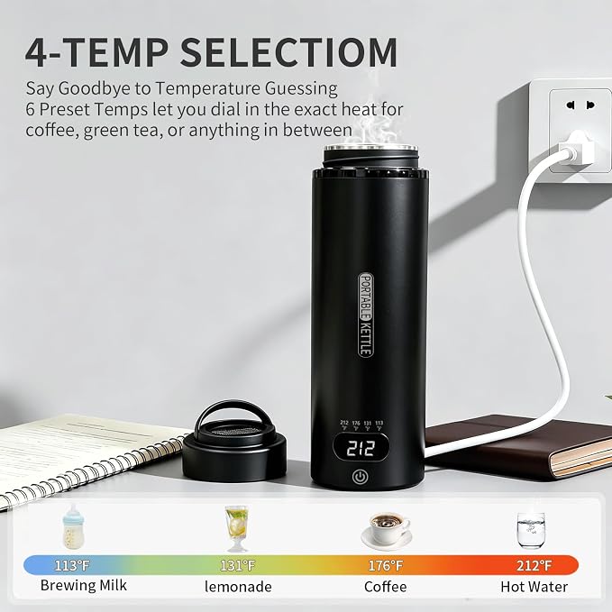 Travel Electric Kettle Small, Smart Water Bottle with 4 temperature control, 450 mL Portable Self Heating Kettle with Leak-Proof for Dormitories, Offices, Business Travel Hotels, 120V