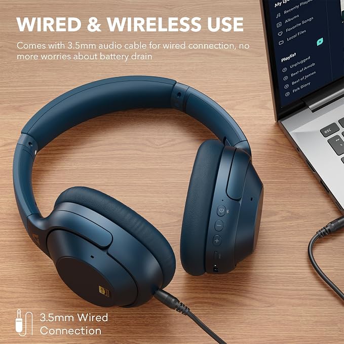 Bluetooth 6.0 Active Noise Cancelling Headphones for Airplane Travel, LDAC Hi-Res Audio, 90H Playtime Wired and Wireless ANC Headphones, Over Ear Headset for Home Office, Custom EQ via APP, Blue