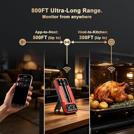 Wireless Meat Thermometer Digital - 800FT Bluetooth Food Thermometer for Cooking, NIST Certified Accuracy, Standalone Base Dual Probes for Grill BBQ Oven Smoker