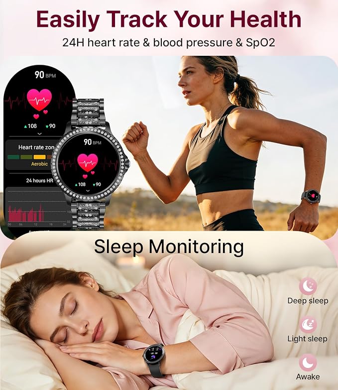 LIGE Smart Watches Women,1.32" HD Diamonds Smart Watch for Android iOS,Bluetooth Call,120+ Sport Modes,Health Tracker,Customized dials,2 Interchangeable Straps