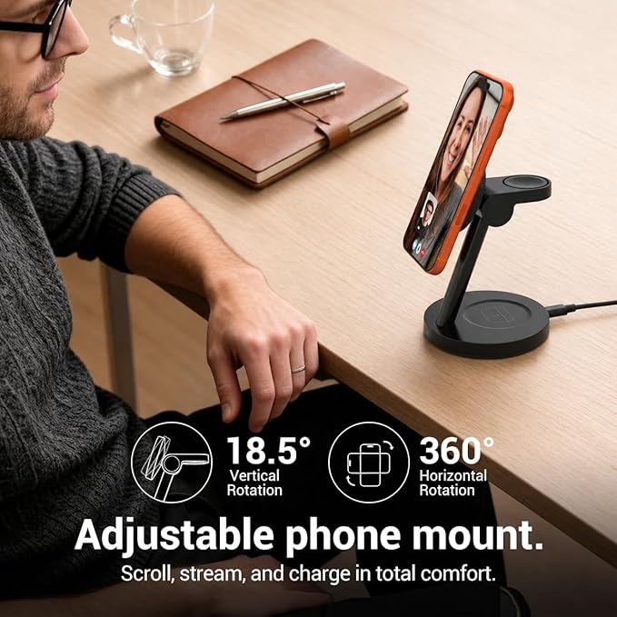 Qi2 25W 3 in 1 Fast Charging Station for Apple and Samsung | 2-year warranty, MagSafe, 18.5° tilt adjustment, 45W PD adapter, ideal for home office desk multi device