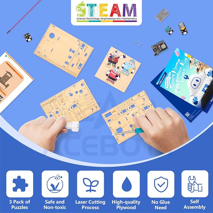 ESP32 STEM Science Kits for Kids Ages 8-10-12, 3 in 1 Smart Home Education Kit, Wooden 3D Puzzles Toys Children's DIY Building Crafts Model Set, Christmas Birthday Gift for Girls Boys