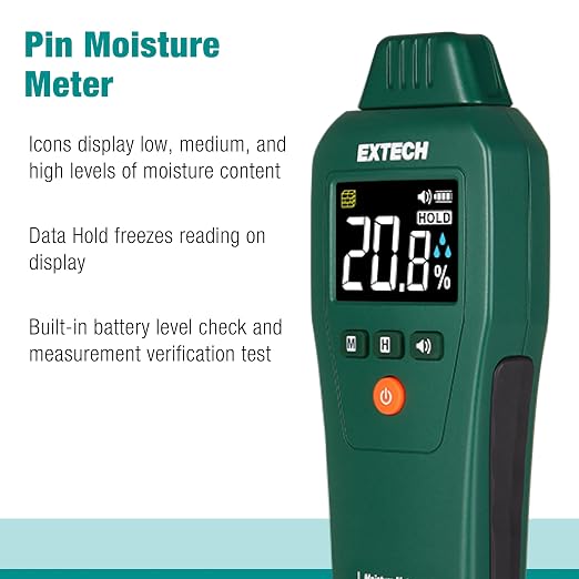 Extech MO50 Compact Pin Moisture Meter with High Contrast LCD & Backlight - Digital Dampness Detector for Wood, Drywall, Concrete, Water Damage Inspection & Building Materials with Audible Alert