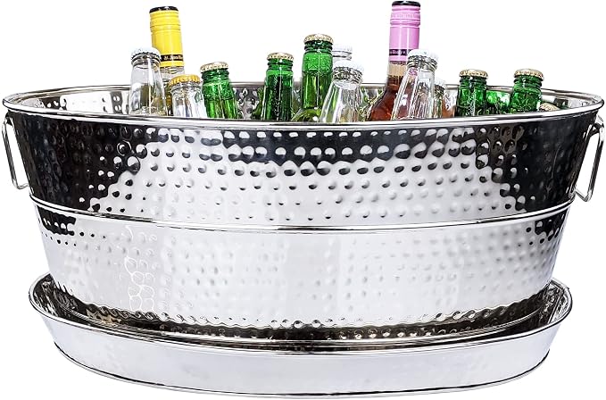 BREKX Aspen Stainless Steel Silver Beverage Tub with Stainless Steel Serving Tray - Heavy-Duty Metal Ice and Drink Bucket for Parties, Large Champagne Bucket with Tray for Mimosa Bar Supplies