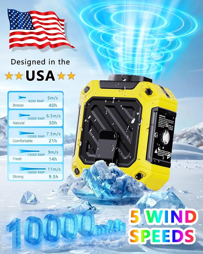 2025 AI Portable Waist Fan 10000 mAh Rechargeable with LED Display & 40H Runtime,5 Speed 16000RPM Cooling Personal Clip Fan,35ft/s Wind Speed Neck Fan for Outdoor Work,Jobsite,Camping,Yellow
