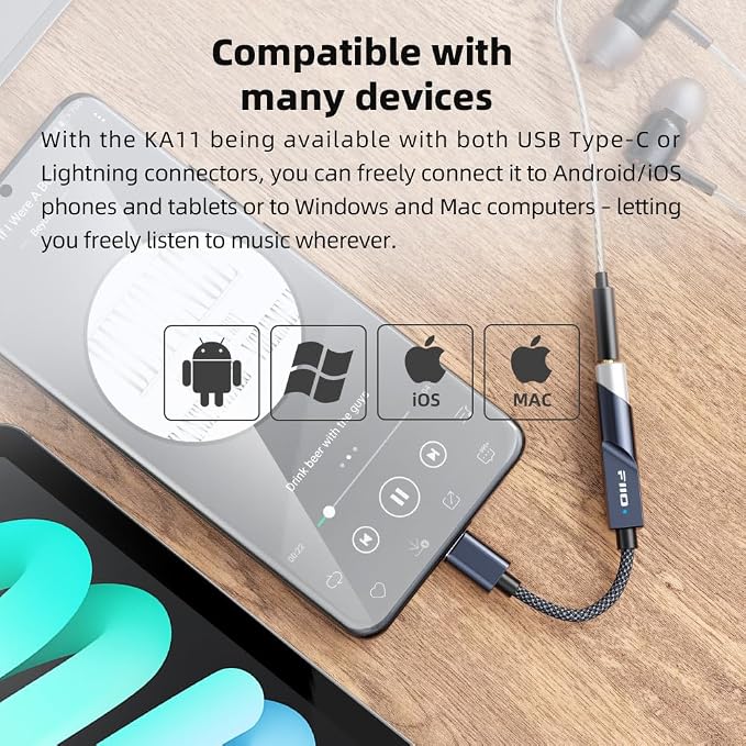 FiiO KA11 USB C to 3.5mm Audio Adapter 32bit/384KHz, USB Type C Dongle HiFi DAC Amplifier for Android/iOS/Windows/Mac (Black, TC)