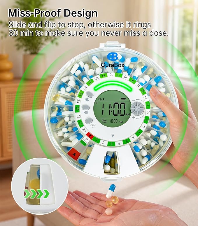 28-Day Automatic Pill Dispenser with Alarm & Light Alerts, Clear LCD Display, Key Lock, Smart Medication Organizer for Seniors, Alzheimer’s Care, for Multiple Vitamins, Supplements or Prescriptions