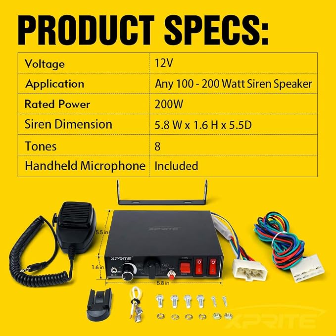 Xprite 200 Watt 8 Tones Emergency Warning Siren PA System Kit w/Handheld Microphone & Light Control Switches (Speaker Not Included)