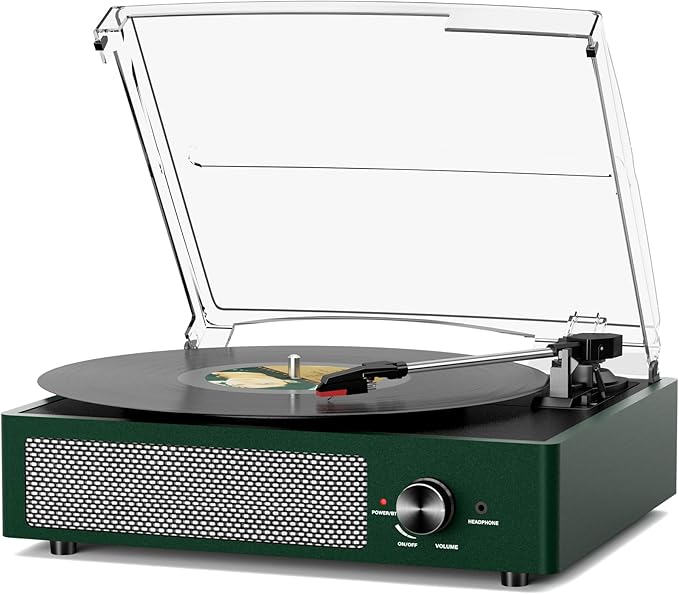 Record Player Bluetooth Turntable with Built-in Speakers & 3 Speed 3 Size Portable Retro Vinyl Record Player for Entertainment and Home Decoration Emerald Green