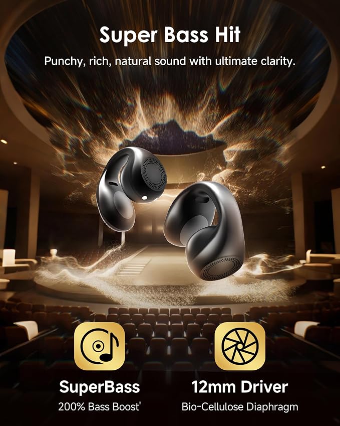 King Lucky Clip-On Earbuds,Comfort Air Cushion Open Ear Earbuds Wireless Bluetooth 6.0 Multipoint, Open Ear Headphones with Mic,Anti-Mistouch,45H Playtime for Sports,Small Ears&Sleep (Black)