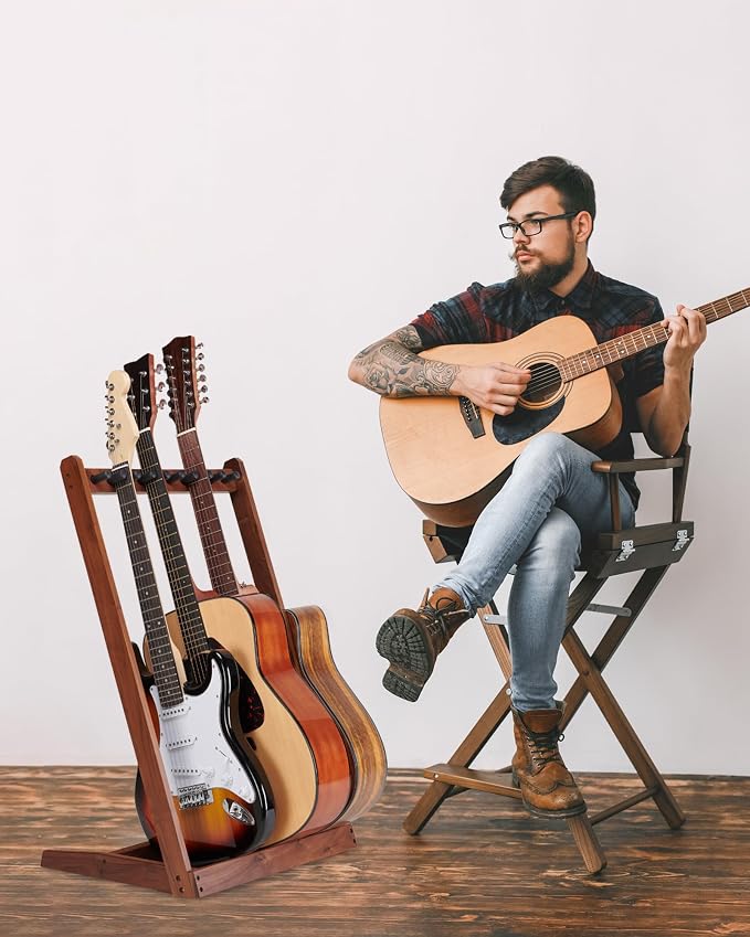 Multi Guitar Stand, Black Walnut Guitar Rack for 3 Acoustic/5 Electric/Bass | Guitar rack with soft felt pad and neck holder, guitar rack multiple guitars saves floor space, ideal for home studio display