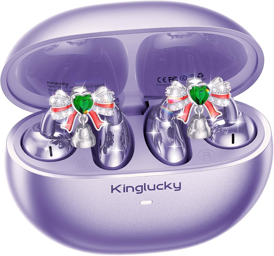 Kinglucky Open-Ear Clip-On Earbuds for Women with Detachable Holiday Bows, All-Day Comfort, Secure Fit, Lightweight Bluetooth 5.4 Wireless Earbuds 50H Playtime, Gift for Her, Clear Calls, Purple
