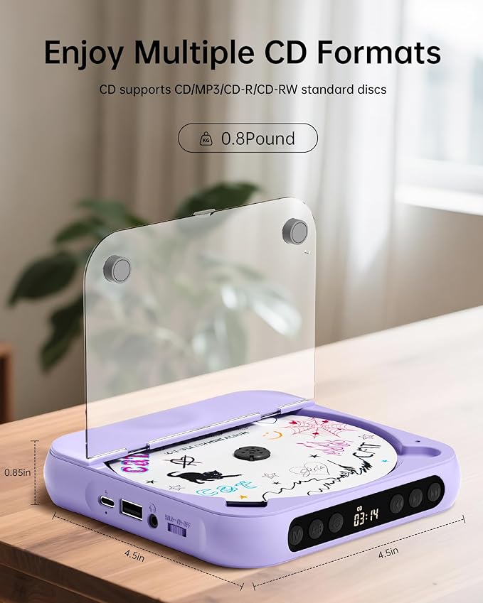 ENVYCLOUD CD Player Portable with Dual Stereo Speakers, Rechargeable Portable CD Player with Bluetooth for Home with Headphones, Support CD/AUX/USB, Purple
