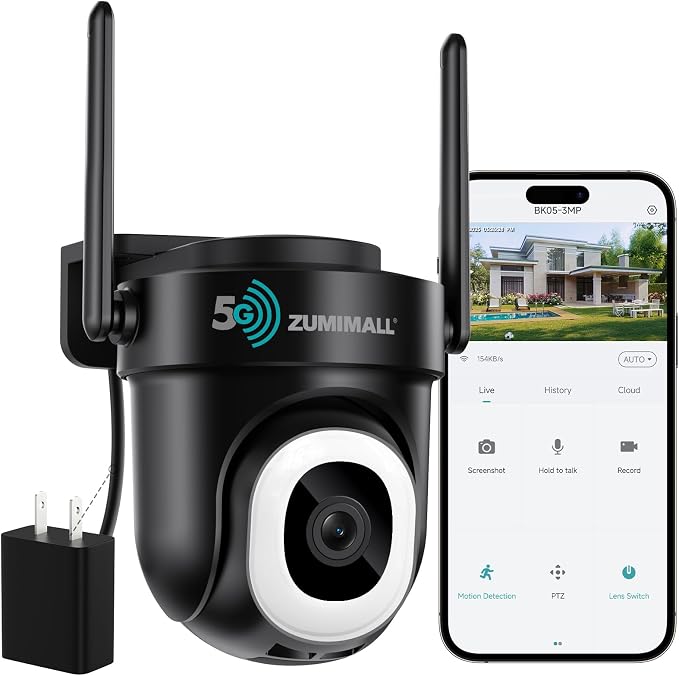 ZUMIMALL 2K Wired Outdoor Camera, 2.4G/5G WiFi Security Camera, 3MP, 24/7 Recording, AI Motion Detection, Cloud & SD Card Storage, 2-Way Audio, 360° PTZ Auto Tracking, Work with Alexa, IP66 (Black)