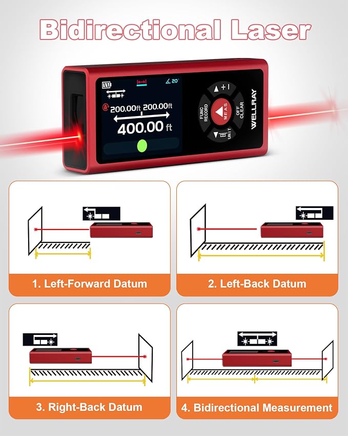 Dual Laser Measuring Tool 400Ft, Rechargeable Laser Measure Tool with Long-Lasting Battery, Laser Distance Meters with ±1/16" Accuracy, Laser Measurement Tool with Bubble Level for DIY Home Indoor
