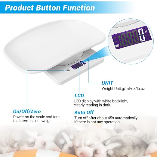 Digital Pet Scale with Tape Measure, Small Animal Scale with LCD Display, Multifunction Kitchen Food Scale, Electronic Puppy Weight Tracking Scale for Kitten, Hamster, Hedgehog, Reptile, Newborn Pet