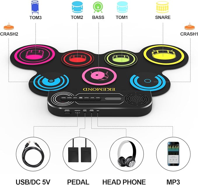 7-Pads Electronic Drum Set Drum Pad with Headphone and Speaker, Drumsticks & Pedals, Holiday Gifts for Kids