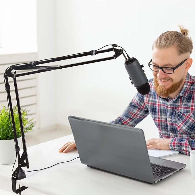 TONOR Microphone Arm Stand, Adjustable Suspension Boom Scissor Mic Stand with Pop Filter, 3/8" to 5/8" Adapter, Excellent Compatibility, Mic Clip, Upgraded Heavy Duty Clamp, 47 cm + 47cm, T30