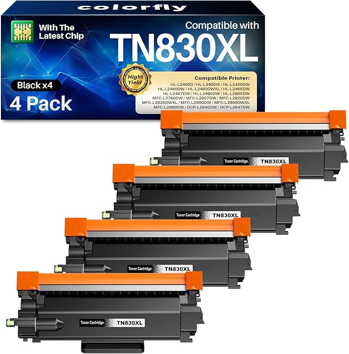 Compatible TN830XL Black Toner 4 Pack Replacement for Brother TN830XL TN-830 TN830 XL High Yield Toner Cartridge Use for HL-L2460DW DCP-L2640DW MFC-L2820DW MFC-L2900DW HL-L2480DW HL-L2400D HL-L2405W
