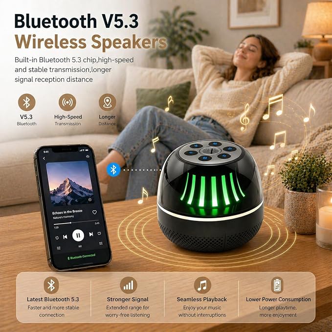 Portable Bluetooth Speaker with White Noise Machine, LED Color Lights, Aromatherapy Diffuser, Sleep Sound Machine for Sleep, Yoga, Home, Office & Bedroom, Gift for Women, Men, Kids & Friends
