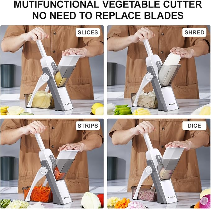 5 in 1 Safe Mandoline Slicer for Kitchen, Safe Vegetable Chopper with Paring Knife, Adjustable Thickness, Easy to Clean, Vegetable Slicer, Slicing, Strips, Shredding, Dicing, Chop (LightGray)