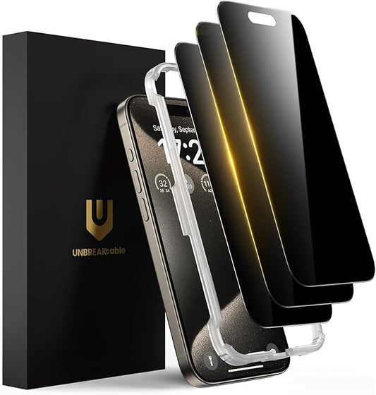 UNBREAKcable Privacy Screen Protector for iPhone 15 Pro (6.1"), 25° Anti-Spy Tempered Glass, Easy Install Alignment Frame, Case-Friendly, 9H Hardness, Anti-Fingerprint, 3-Pack