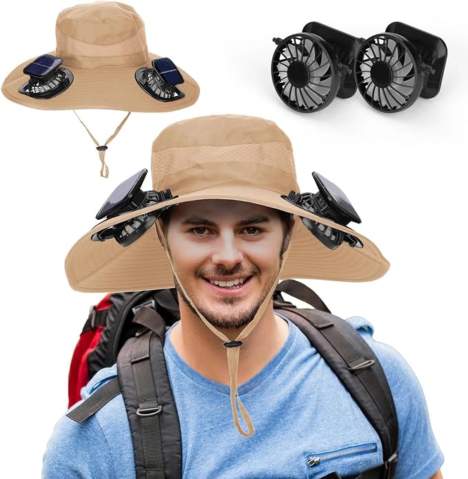 Solar Fan Hat for Men - Wide Brim Cooling Hat with 2 Built-in Solar & USB Rechargeable Fans for Fishing Hiking