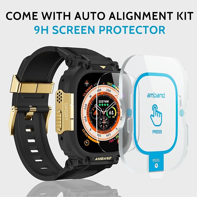 amBand Compatible with Apple Watch Ultra 3/2/1 Bands for Men, M1 Sport Series Heavy Duty Case Tactical Strap and Screen Protector, Protective Cover Fits iWatch Ultra Bands for Men 49mm - Black Gold