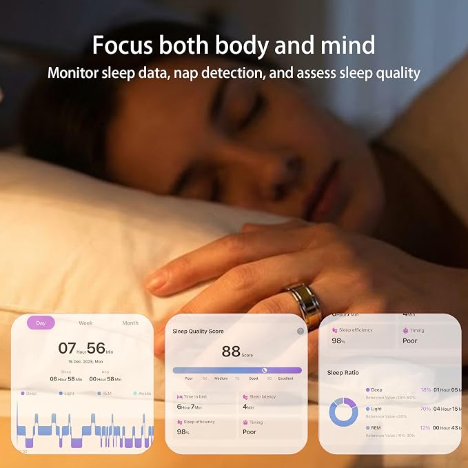 Smart Ring 1.0 for Men/Women, No Subscription Fee, 7-8 Days Battery Life, HRV/Stress Monitoring/Sleep Track/Fitness for iOS and Android (Matte Gold & Silver, Size 12)