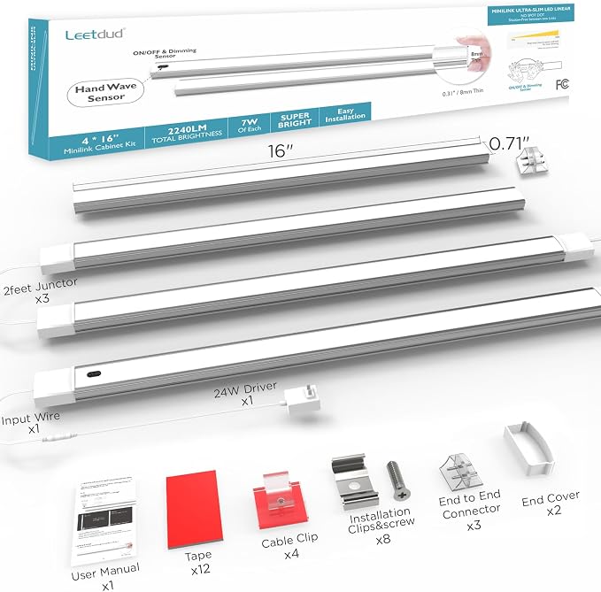 Leetdud Hand Wave Under Cabinet LED Lighting Plug in, 16 Inch 4-Pcs Dimmable Linkable Ultra Thin Aluminum Alloy Housing, 4000K Natural White Motion Sensor Counter Lights for Kitchen, Shelf, Cupboard