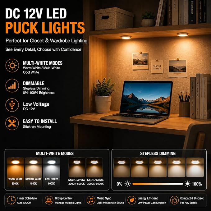 Smart LED Puck Lights, Dimmable Under Cabinet Lighting with Bluetooth App Control, Music Sync, Timer, DC 12V Adaptor (2Pack, Multi-White)