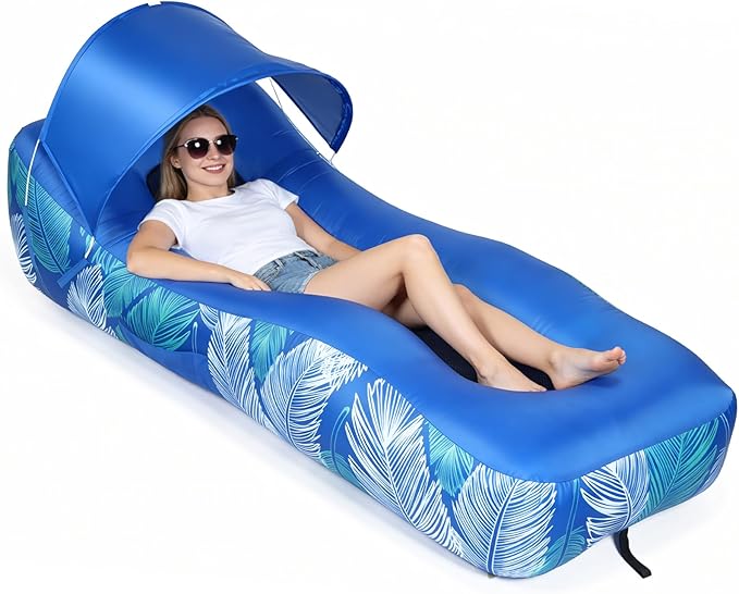 Inflatable Lounger Air Sofa with Unique Sun-Shade, Waterproof Inflatable Beach Bed with Electric Pump, Lightweight Air Hammock Chair for Hiking Backyard Travel Beach Park Picnics（Blue）