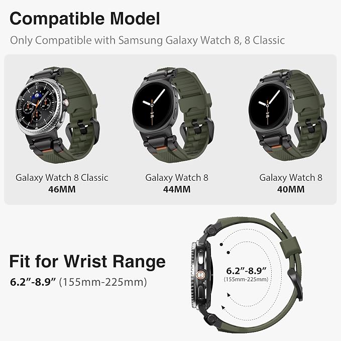 ULTIMAL Rugged TPU Sport Band ONLY for Samsung Galaxy Watch 8 Classic & Galaxy Watch 8 (40/44/46mm), Replacement Strap with Secure Connector, Waterproof Sweat-Resistant, Fit 6.2”-8.9”(Black+Green)
